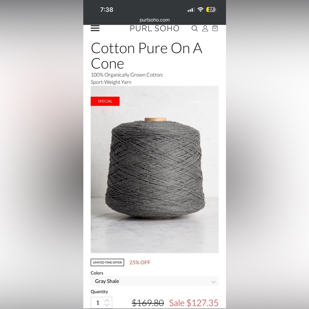PURL SOHO
Cotton Pure On A Cone
100% Organically Grown Cotton:
Sport-Weight Yarn